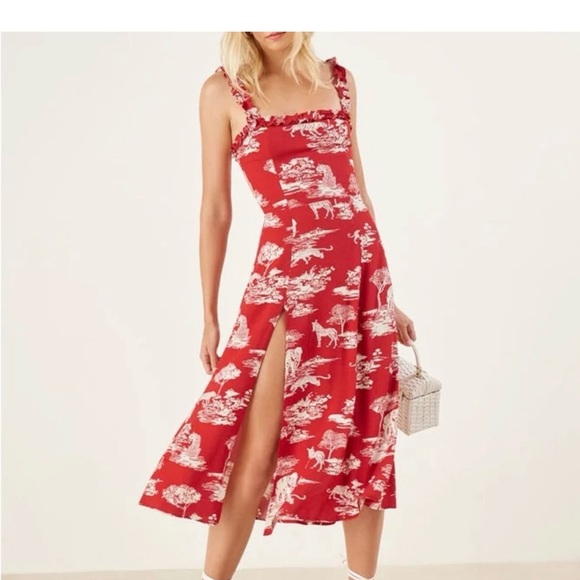 Reformation Dresses & Skirts - Reformation Red Toile Midi Dress with Safari Cream Print Sz 4